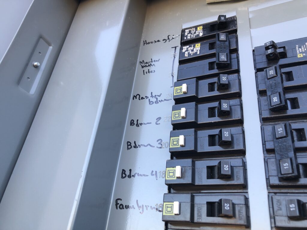 Electrical panel with labeled breaker switches
